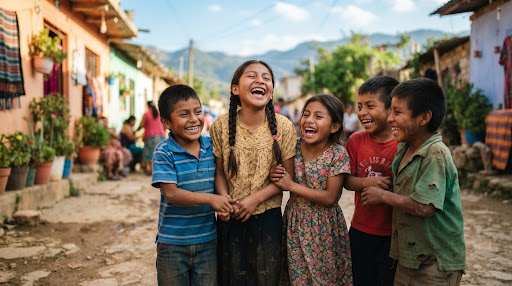 Heartwarming authentic candid documentary photography of beautiful Mexican children laughing and smiling happily outdoors in Mexico